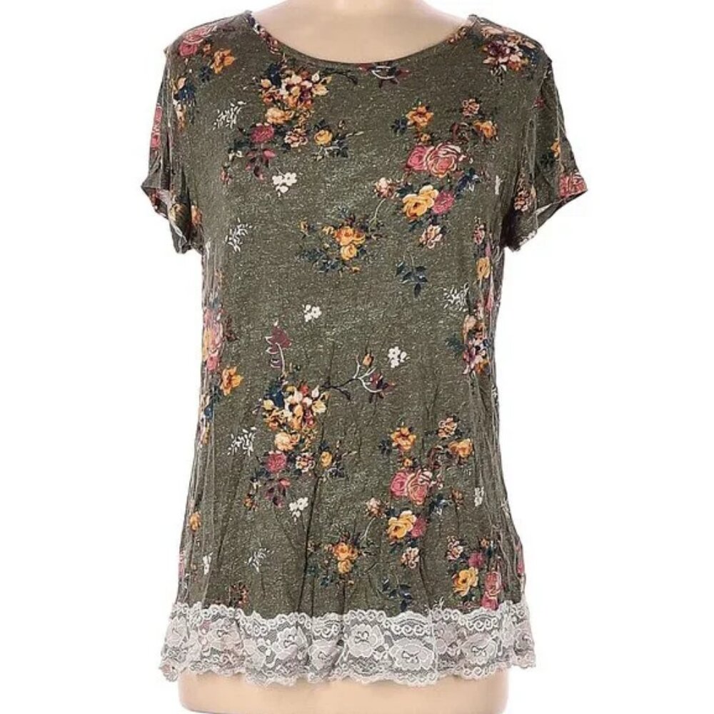 Mason & Belle Green Floral Short Sleeve Lace Trim Blouse M